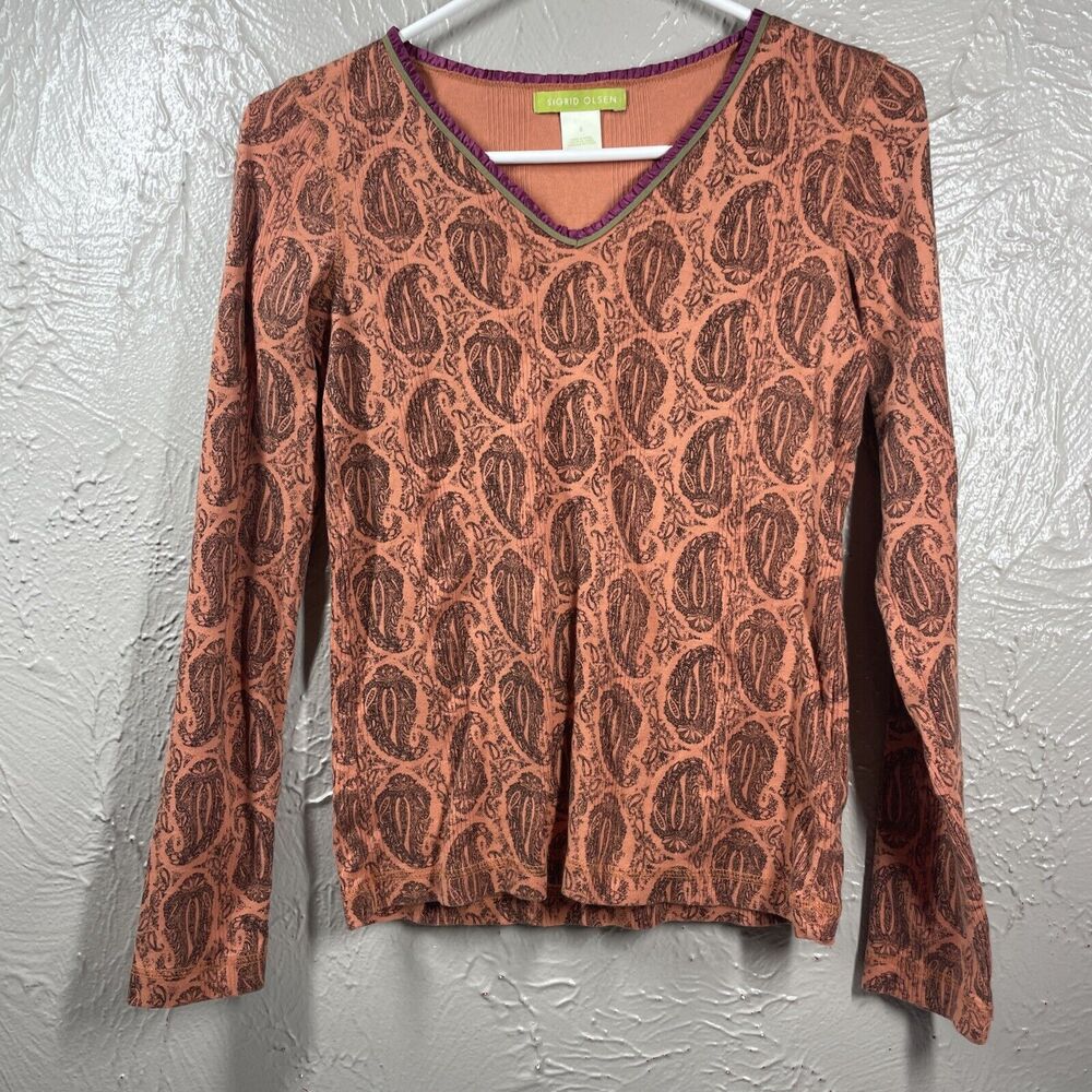 Sigrid‎ Olsen Top Orange Paisley V Neck Neck Long Sleeve Size Small